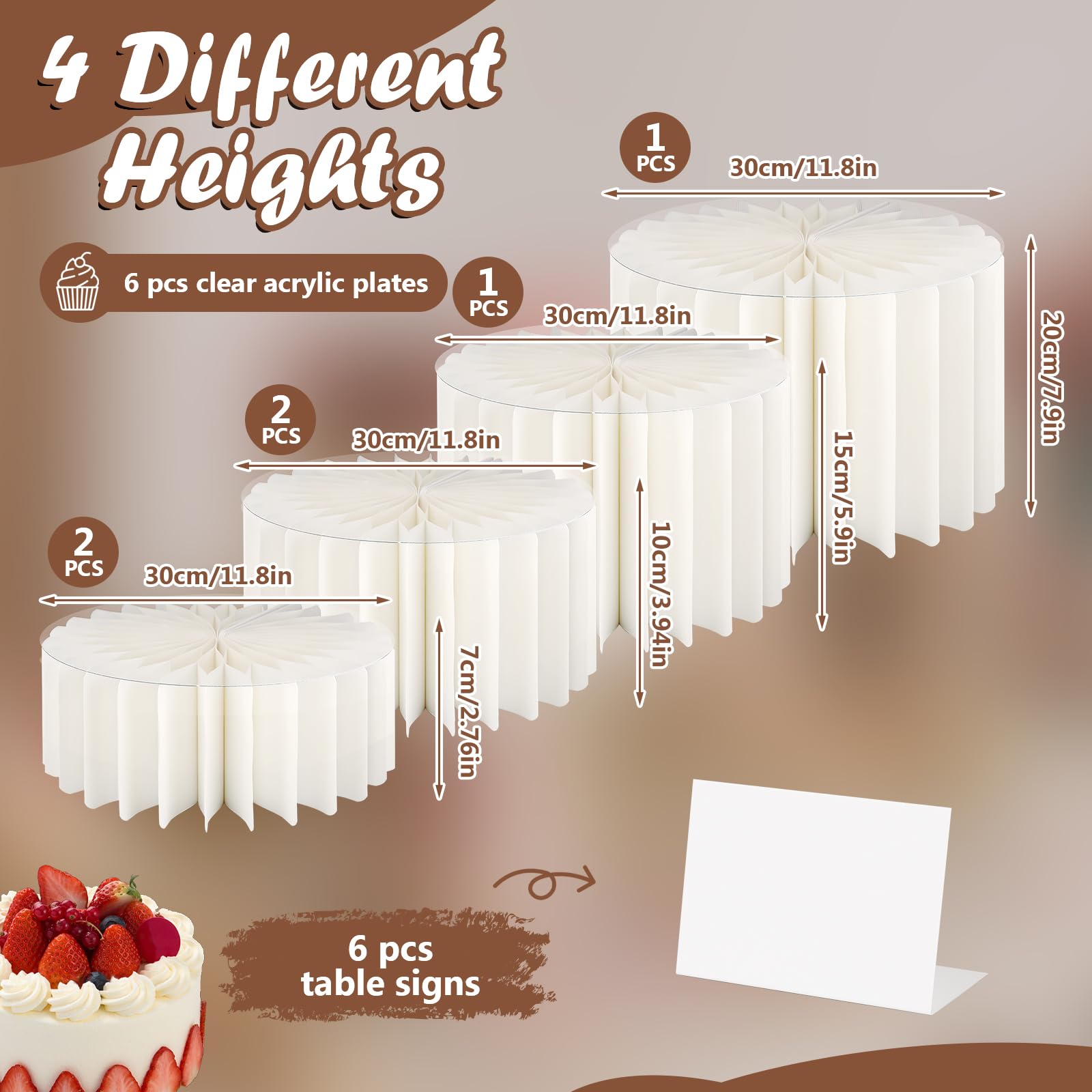 Lot de 6 rehausseurs de buffet en papier blanc avec cartes de présentation, assiettes en acrylique, présentoirs pliables pour fête, mariage, anniversaire (4 tailles)