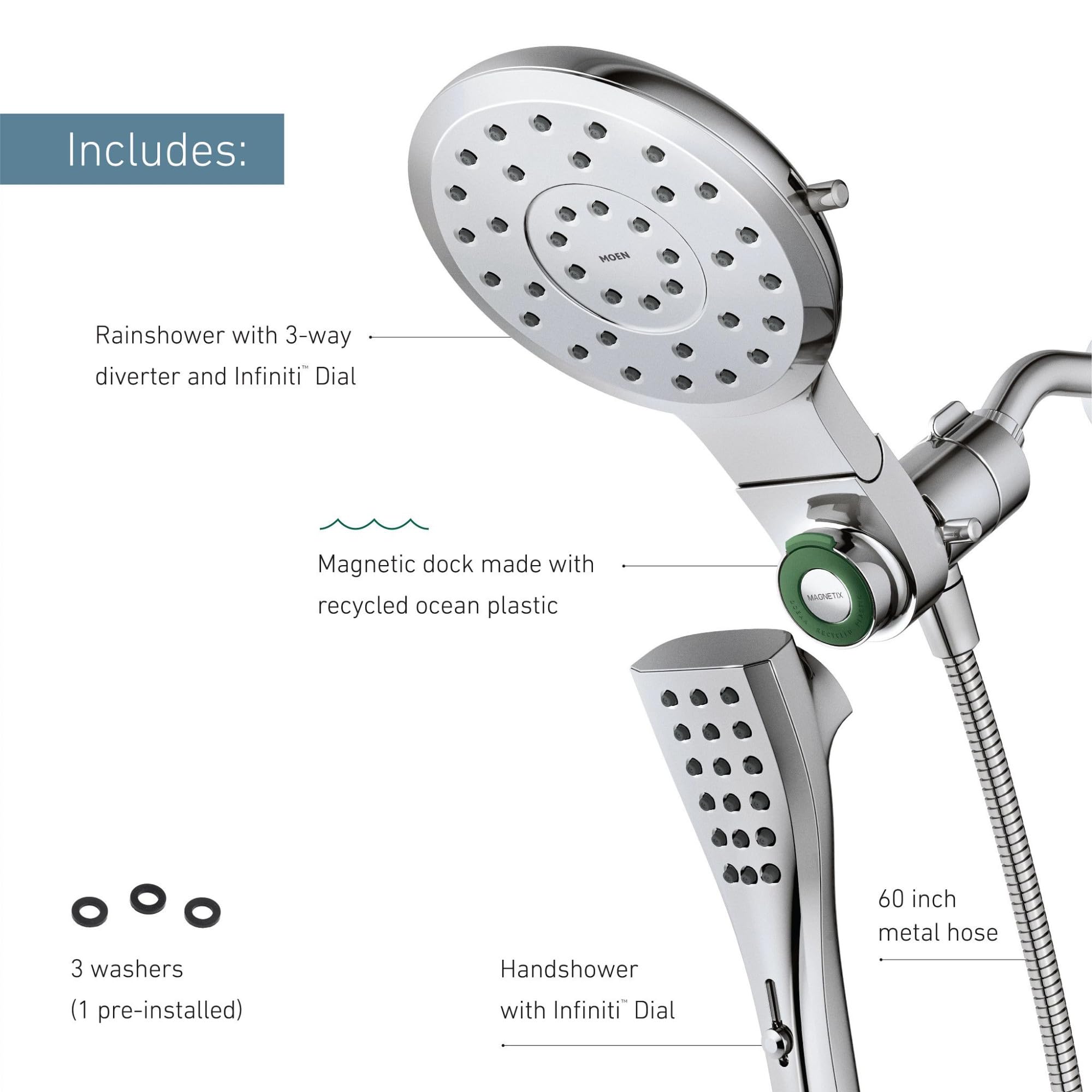 Moen 220C2 Verso Rainshower/Handshower Combinaci n con esfera Infiniti y acoplamiento Magnetix, cromo