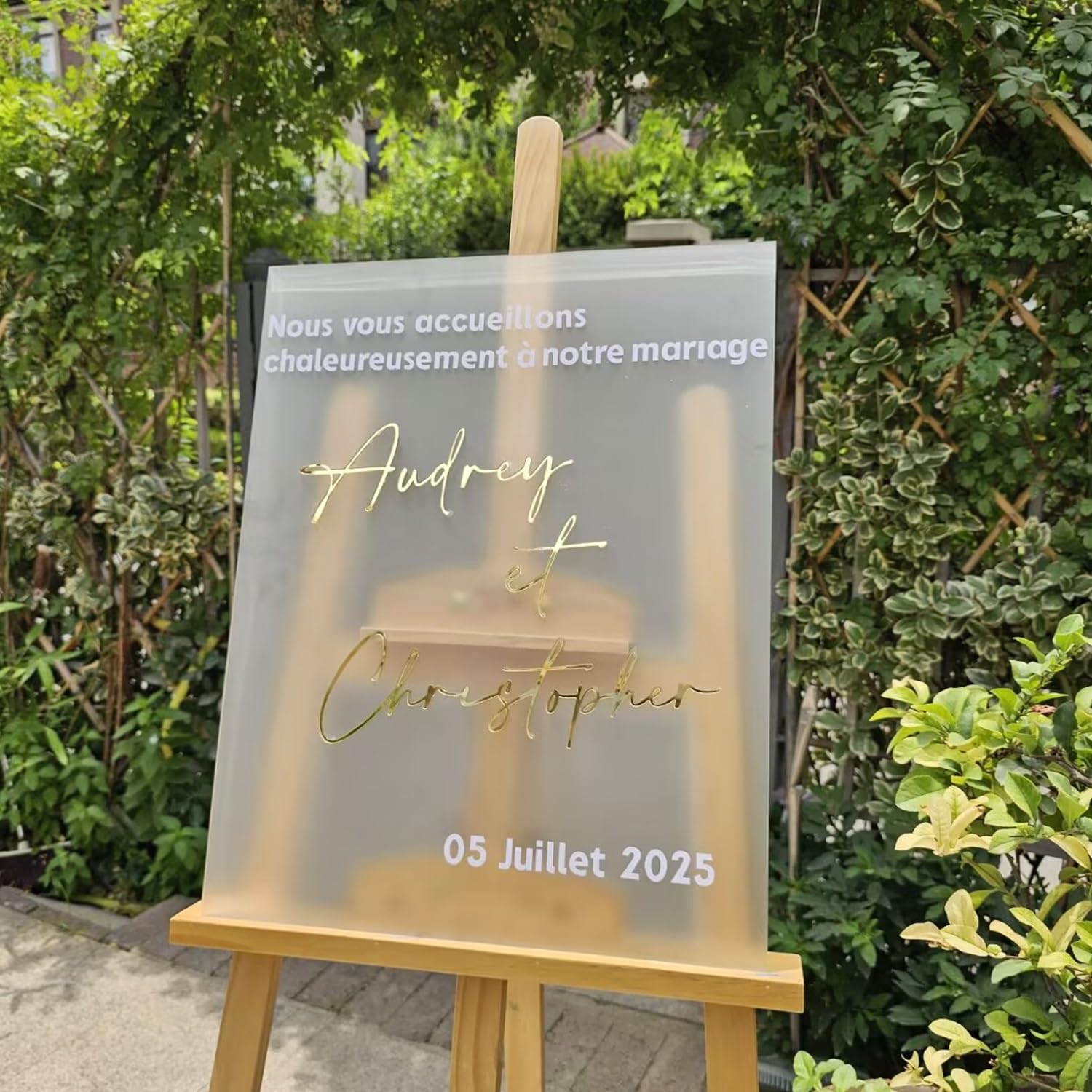 Panneau De Bienvenue De Mariage Personnalisé en Acrylique Givré, Noms en Miroir Doré 3D, Décoration De Signalisation De Mariage Moderne De Fiançailles, Décoration De Réception(White,40X55CM)