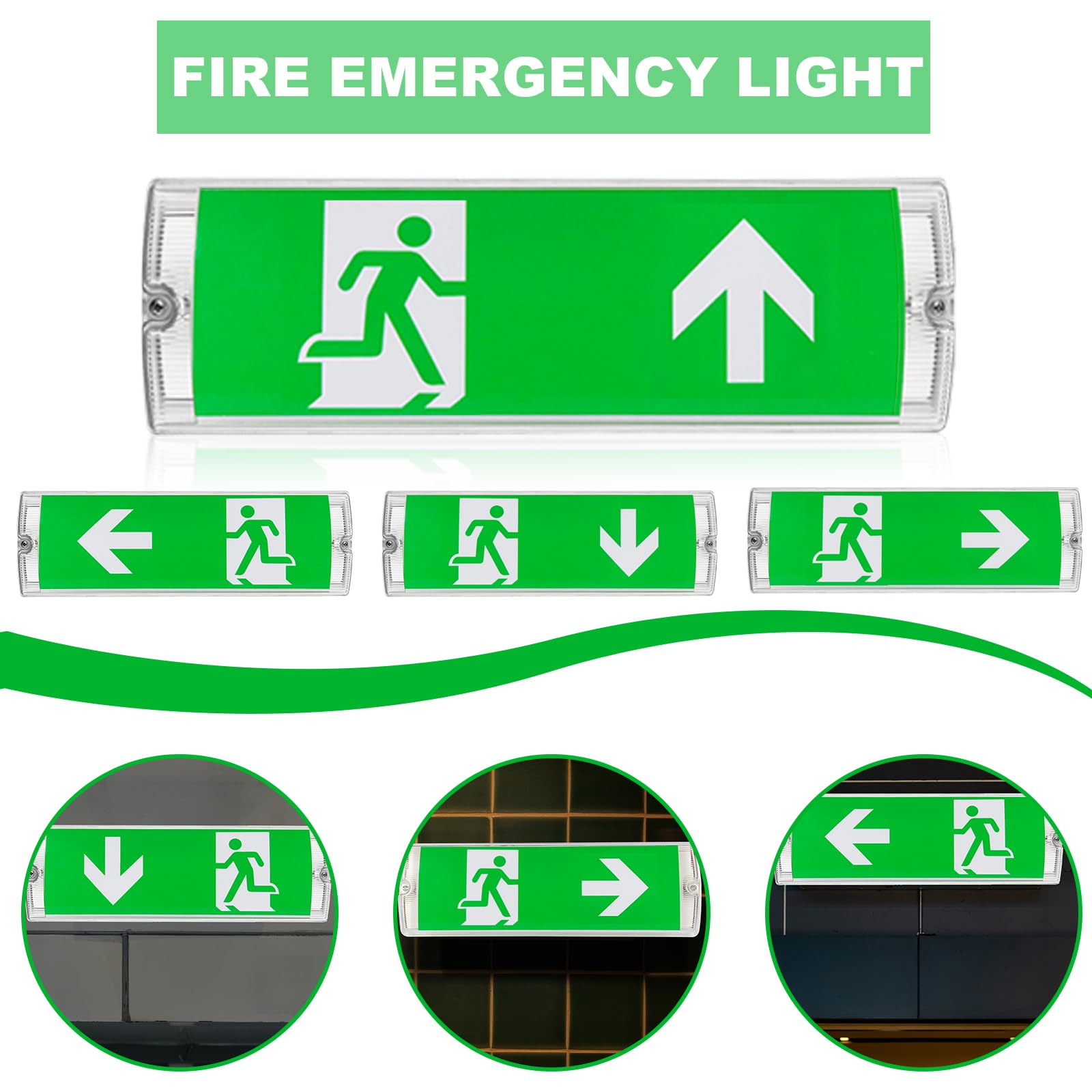 Éclairage d'urgence LED, lumière de sortie de secours LED, lumière de sortie de secours étanche IP65 avec batterie de secours, panneau de sortie de secours éclairé 3H, 4 pictogrammes