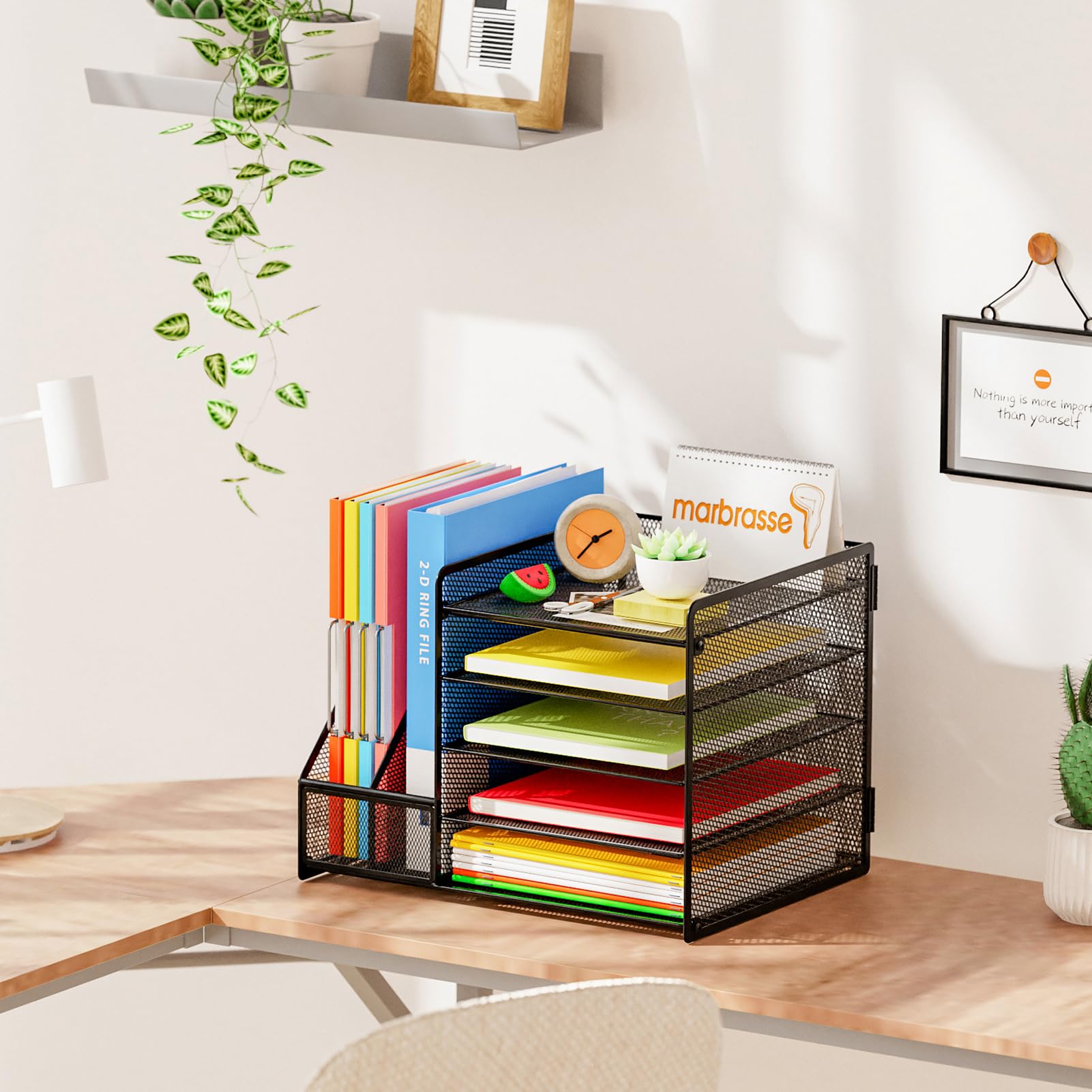 Marbrasse Organizer Scrivania,Porta Documenti Ufficio Scrivania,5 Comparti Porta Documenti Scrivania con 2 Portapenne per Casa Ufficio (Nero Portapenne senza Cassetto)