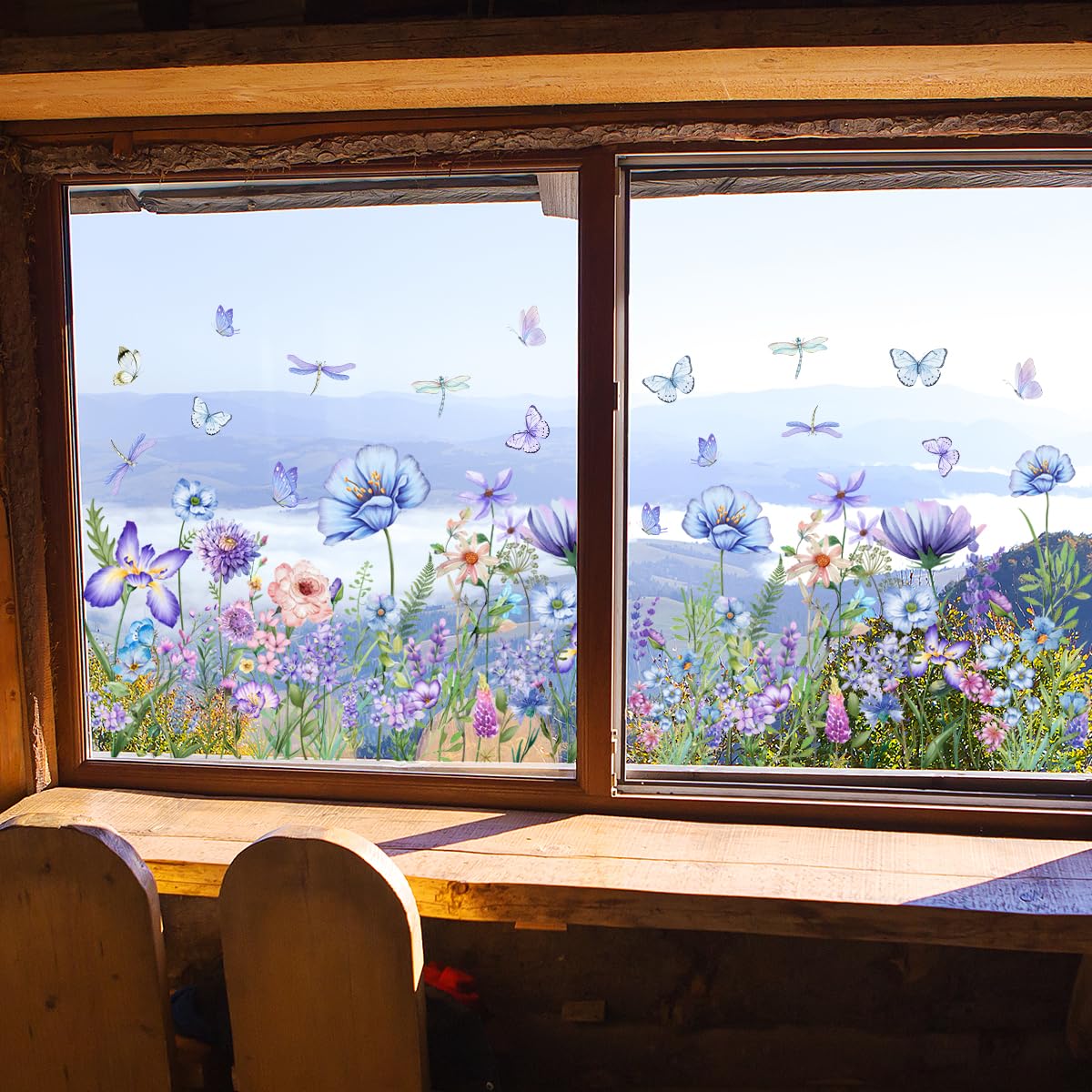 WandSticker4U®- Pegatinas ventanas primavera flores CAMPO de FLORES azul reutilizables (95x59 cm) I Vinilo ventanas flores plantas I Decoración ventana salón dormitorio verano GRANDE (no adhesivo)