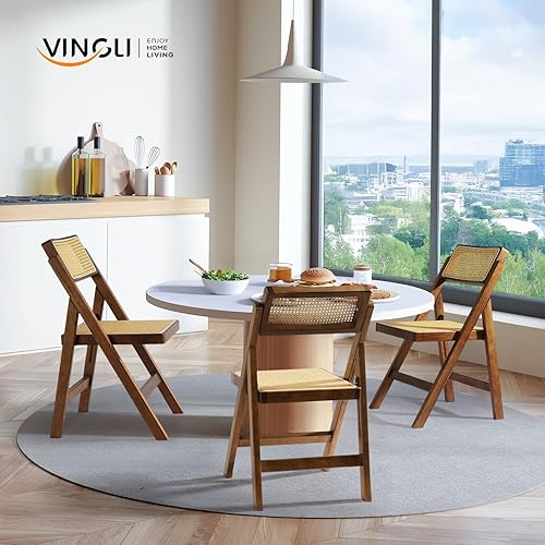 Miniatura 8 de VINGLI Paquete de 2 sillas plegables de madera de ratán, silla plegable de comedor con respaldo giratorio de 360, marco de madera de caucho