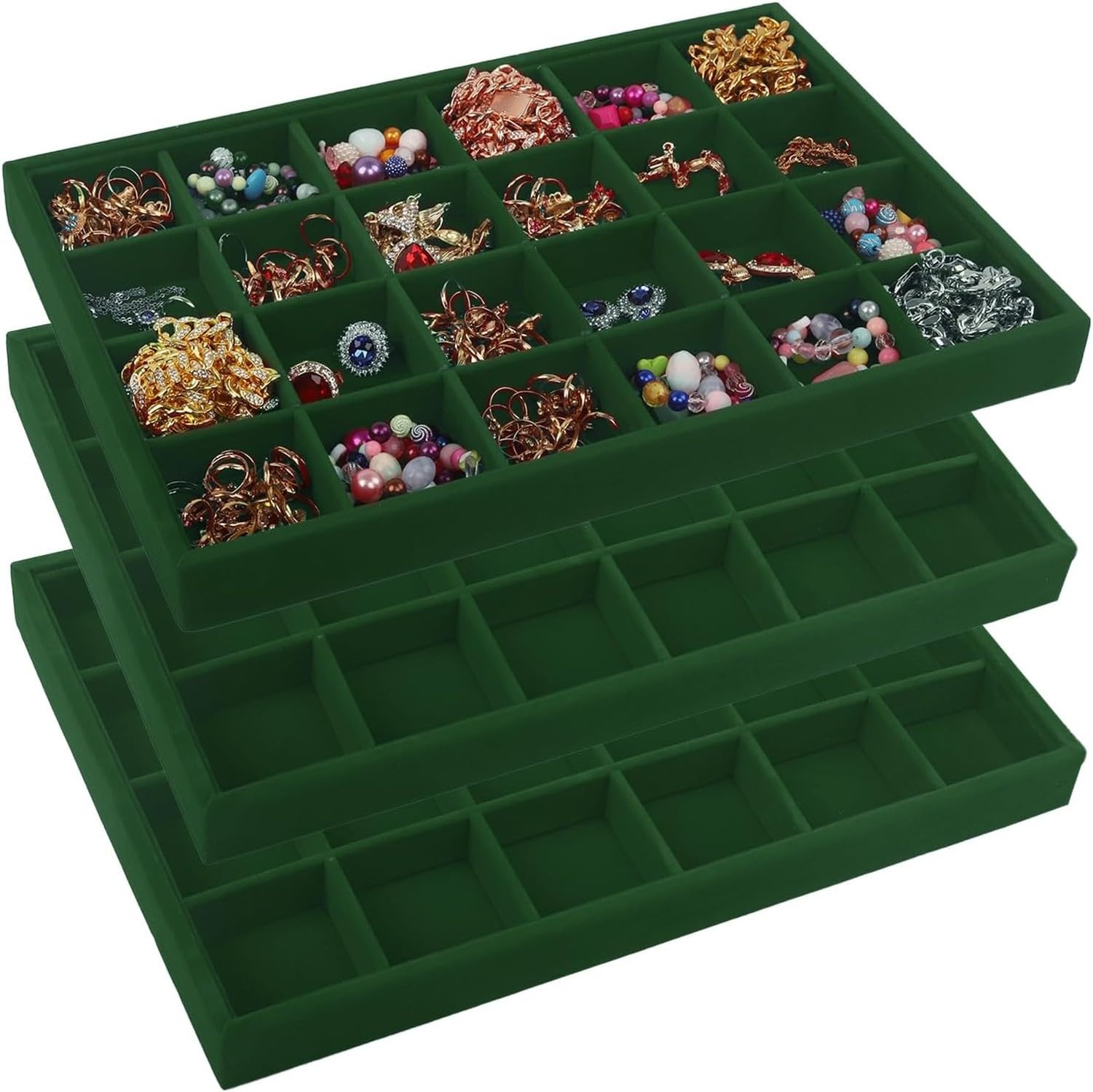 KGAIXN Organiser Box for Rings And Earrings, Folding 24 Grids Remove Lid Drawer Dust Protection Jewelry Case With 3 Stackable Travelling Trays and Soft Velvet Surface, Green
