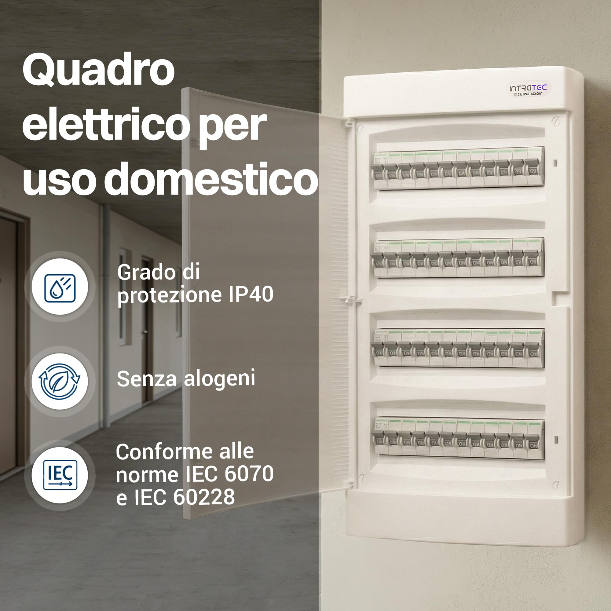Intratec Quadro Elettrico Incassato 4 Righe – Quadro di Distribuzione IP40 per 48 Moduli con Porta Bianco e Guide per Facile Installazione Elettrica in Casa e Azienda – 676 x 283 x 106mm