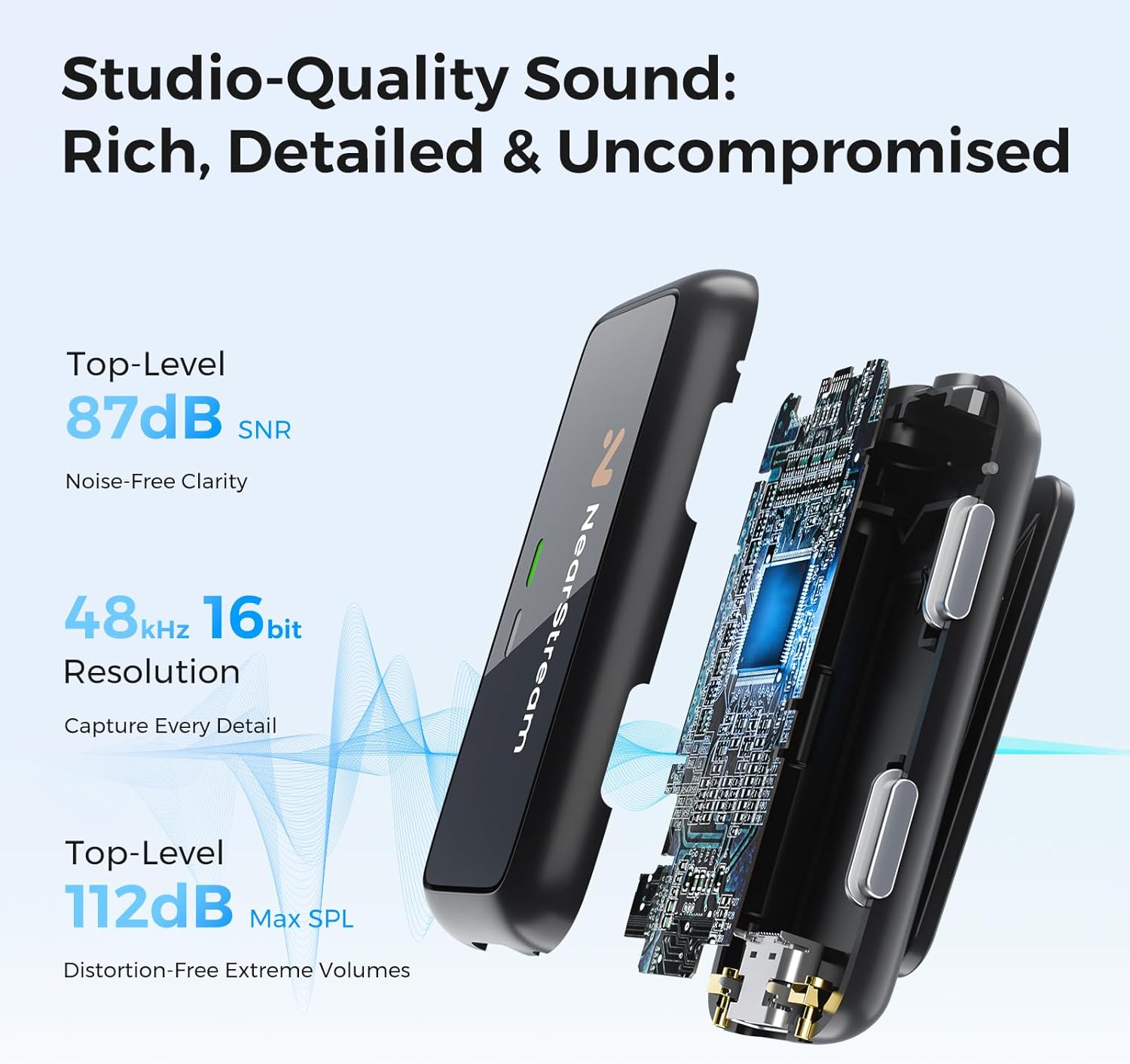 Graphic detailing the studio-quality sound specifications of NearStream AWM20T