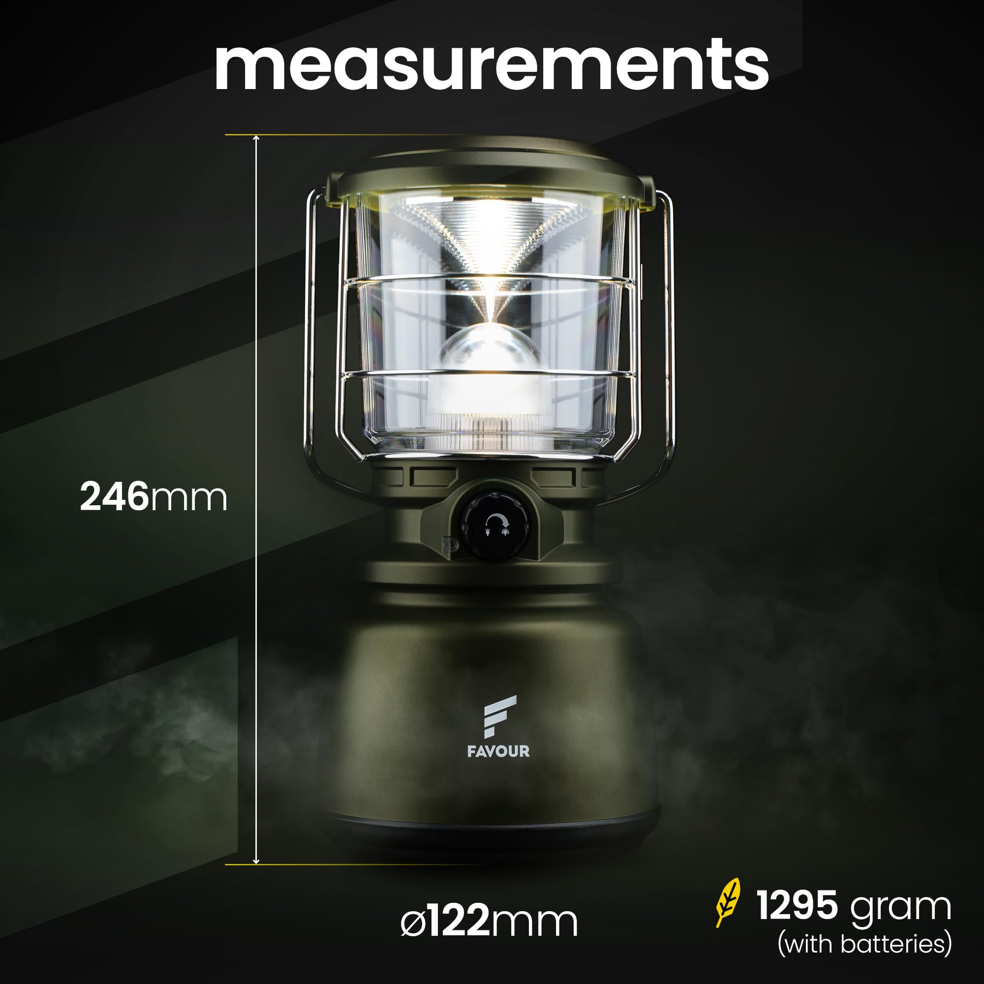 Lanterna da Esterno LED alta potenza 1300 Lumen, IP64 impermeabile e antiurto | Lampada da Campeggio a Batteria, gancio integrato, temperatura di colore regolabile, dimmerabile, verde