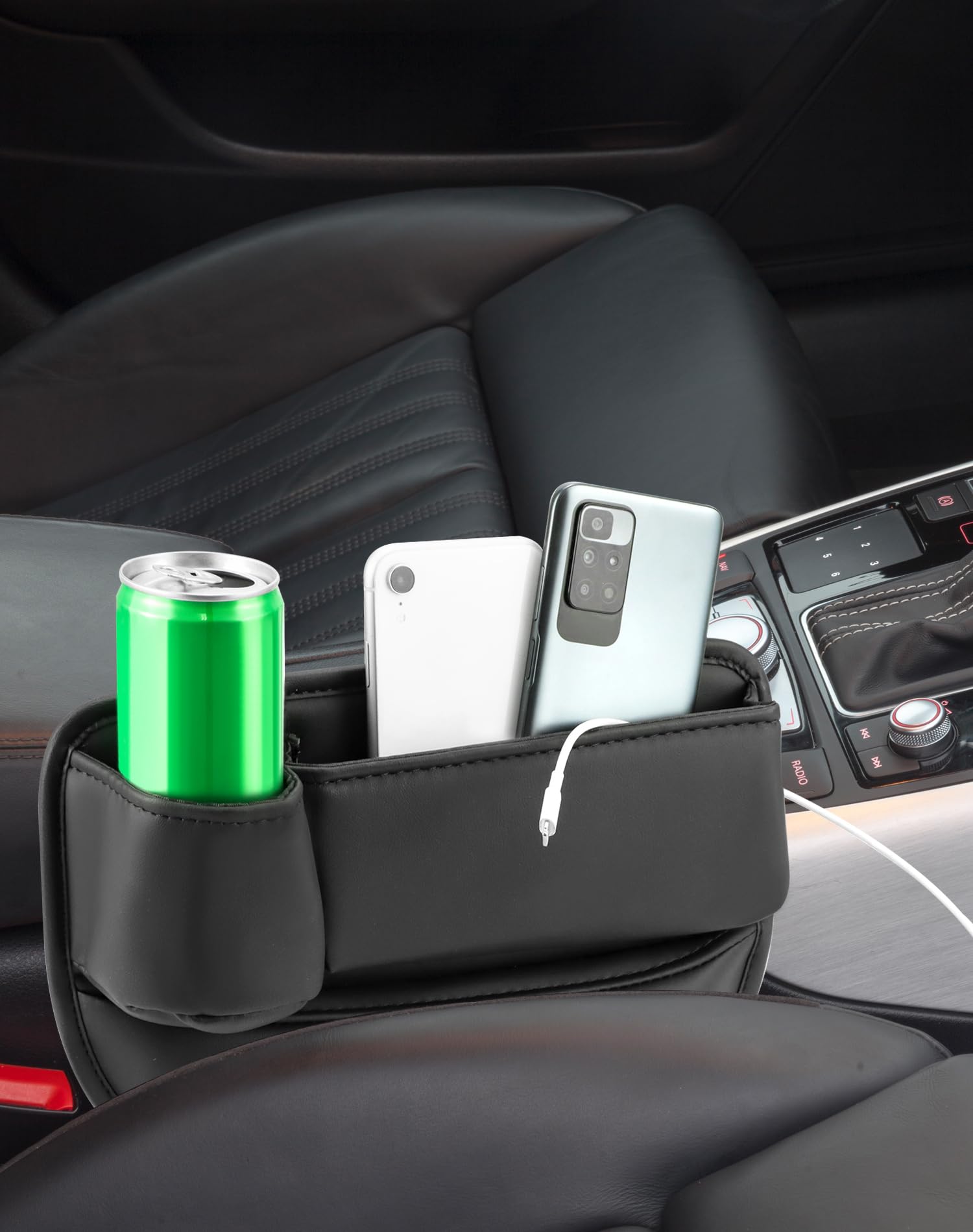 QWORK® Autositz Lückenfüller, Leder Aufbewahrungsbox Auto Organizer Vorne mit Getränkehalter und USB-Ladeloch