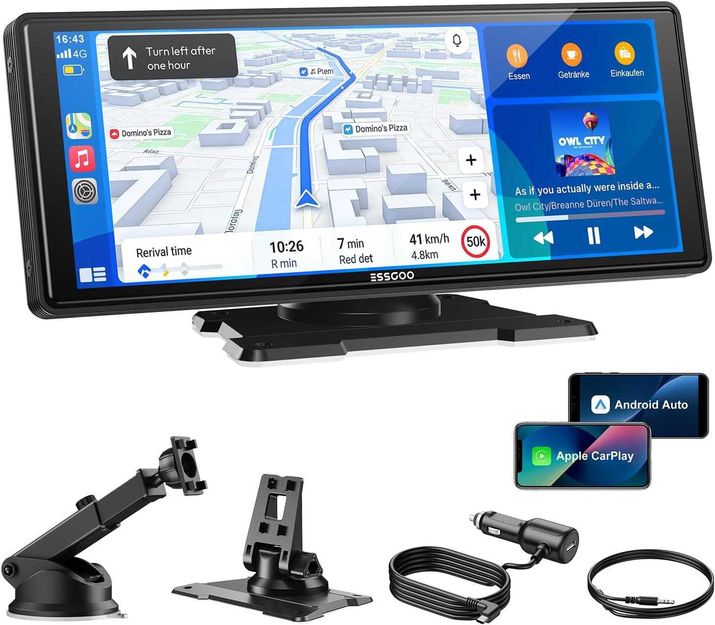 ESSGOO Carplay Android Car Display 10.26 Inch Apple Carplay Screen for AirPlay/Mirror Link Car Multimedia Player with Wireless Touch Screen GPS Navigation Bluetooth 5.3 AUX Car Radio Voice Assistant