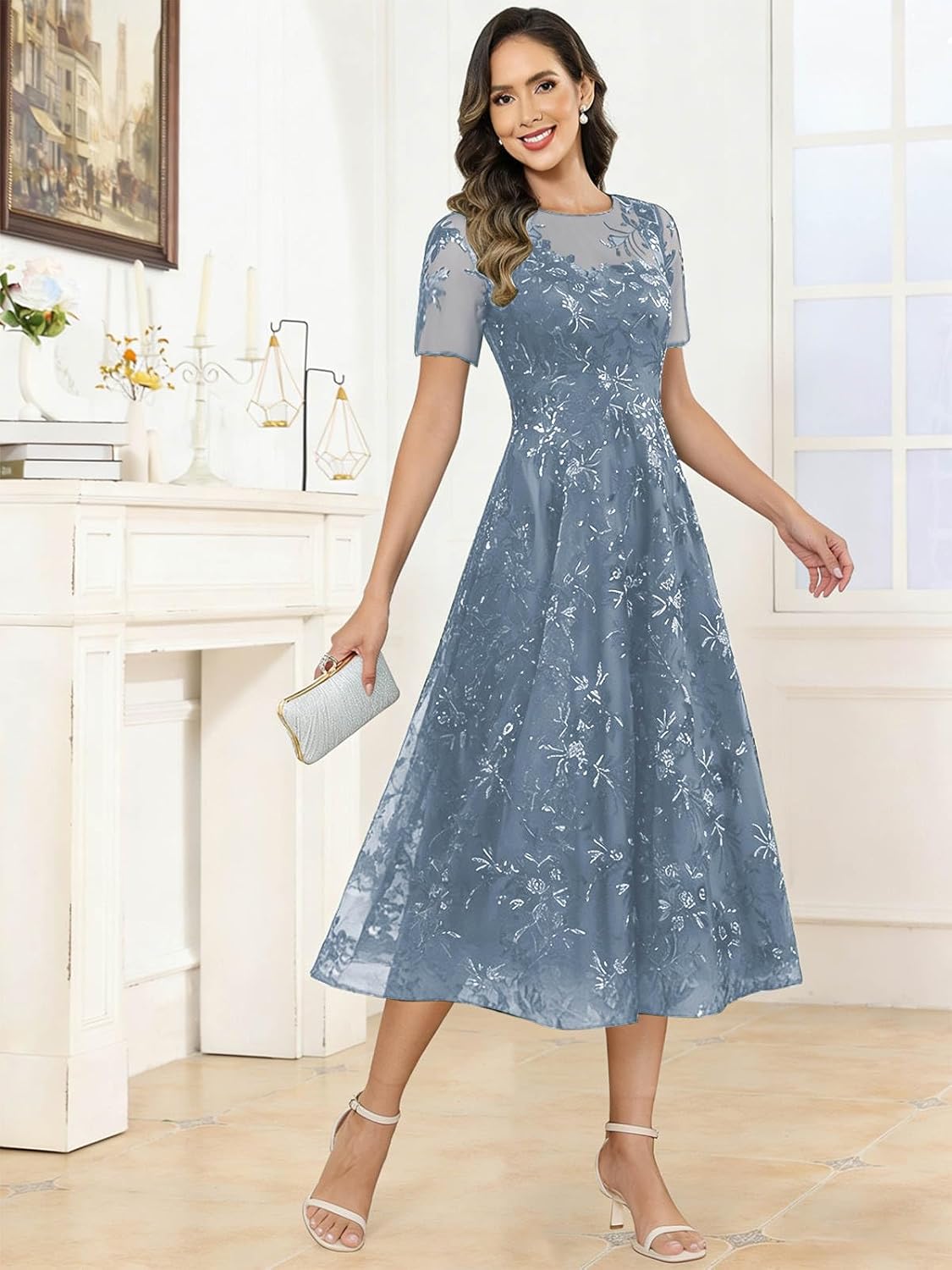 Tea Length Lace Appliques Mother of The Bride Dresses Sparkly A-Line Formal Evening Dress - Image 5