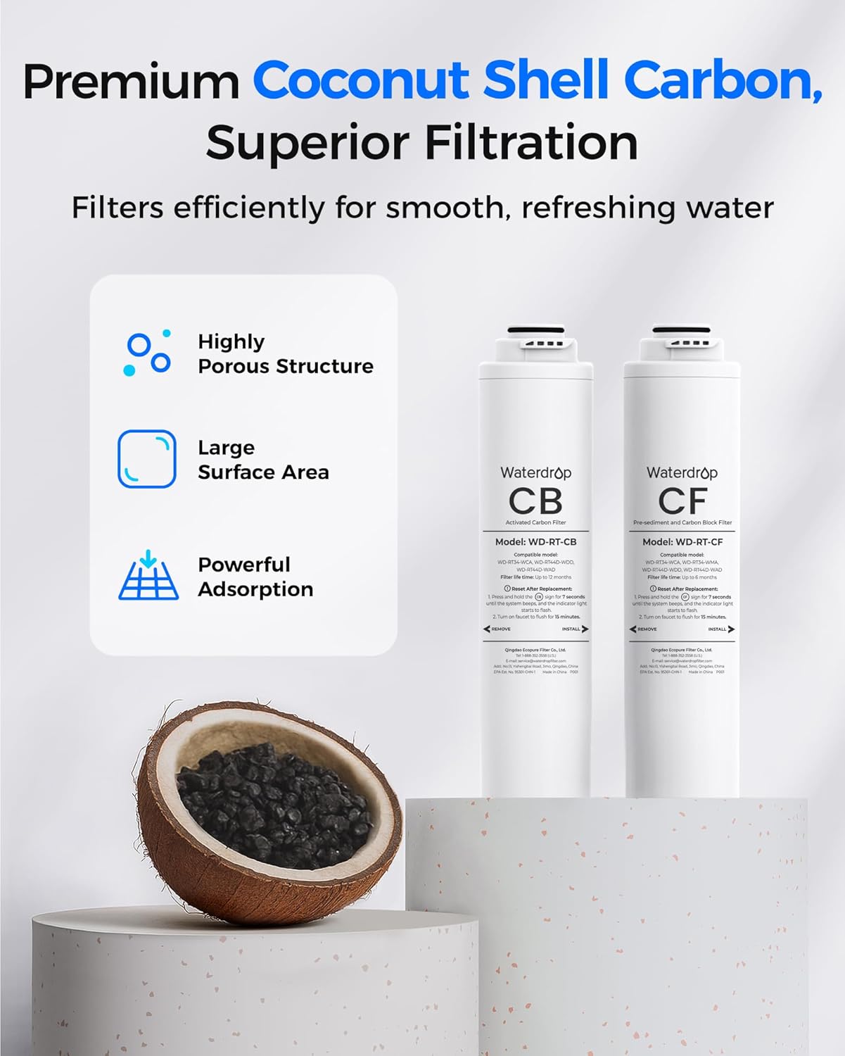 Waterdrop RT-2CFCBRO Filter, Replacement for Waterdrop T3-C Tankless Reverse Osmosis Water Filter (𝐂𝐅*𝟐 + 𝐂𝐁*𝟏 + 𝐑𝐎*𝟏)