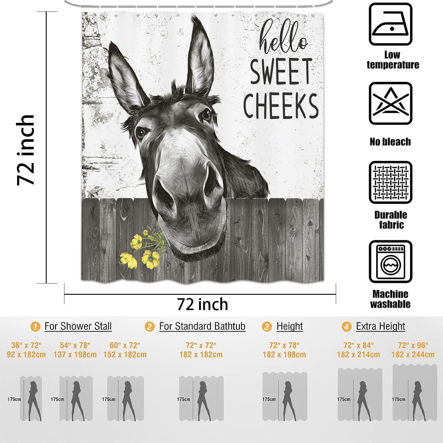 Funny Donkey Rustic Shower Curtain, Fun Cute Animal Farmhouse Shower Curtain for Bathroom Set, Black and White Polyester Fabric Waterproof, 72x78 inch with 12 Hooks