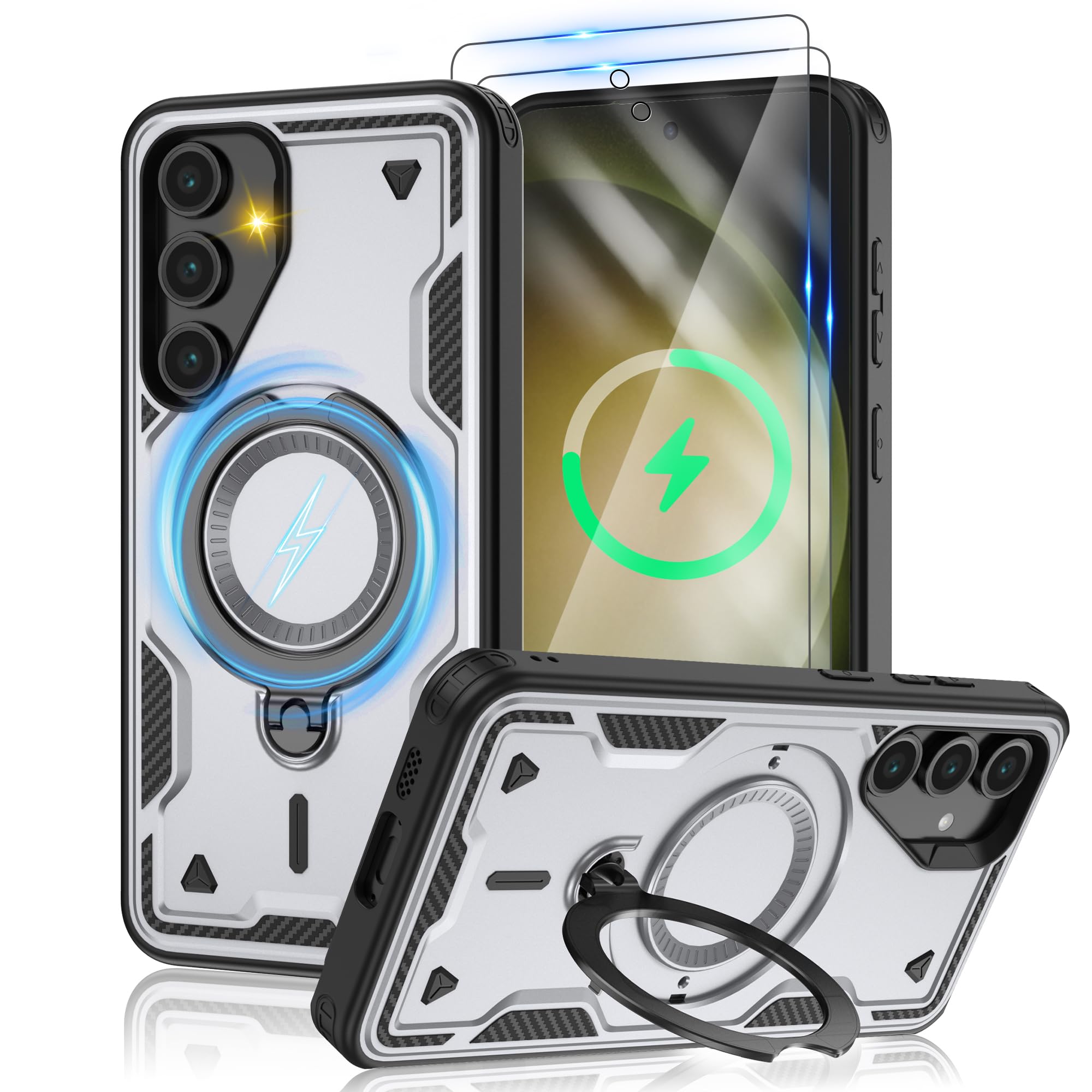 for Samsung Galaxy-S23-Case with Magsafe & [HD Screen Protector×2][Anti-Fingerprint], 360° Metal Rotated Kickstand,Military Grade Shockproof