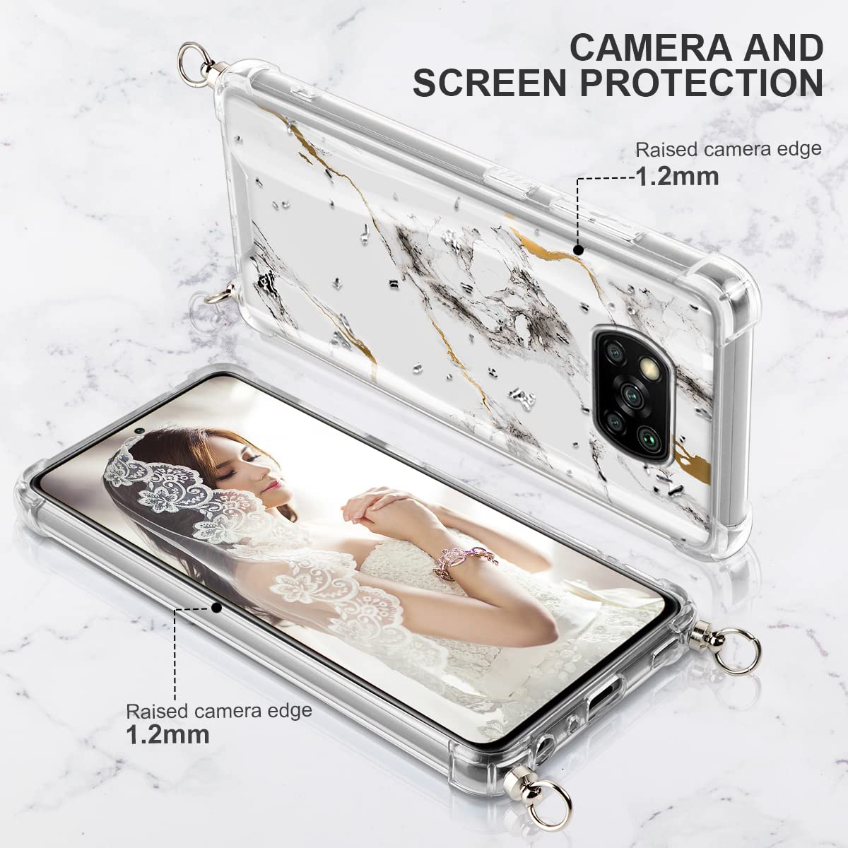 Vauki Cover Per Xiaomi Poco X3 NFC/X3/X3 Pro – Trasparente Marmo Glitter Con Cordino E Tracolla, Custodia In Silicone Antiurto, Bianco - copertina