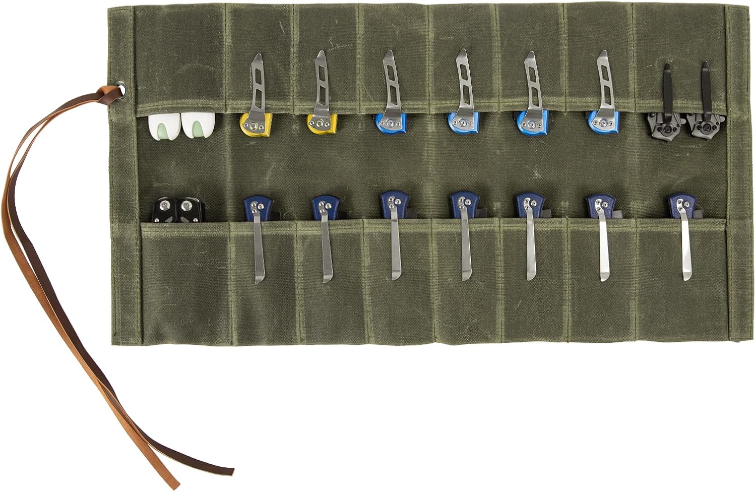 pocket knife storage, Knife Display Bag, with 16 Slots Pocket Knives Folding Knife Holder Organizer, pocket knife roll Collection Protector Bag, Tactical Outdoor for EDC Mini Knife Bags(Khaki)