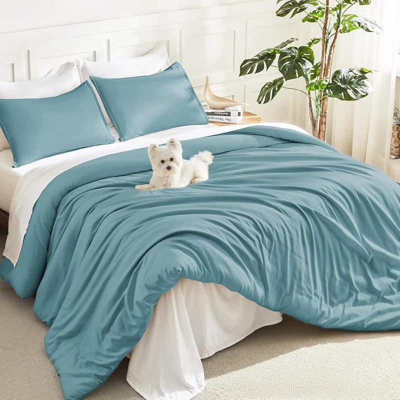 Litanika Grayish Teal California King Comforter Set, 3 Pieces Solid Bedding | Soft Fluffy Down Alternative All Season Quilt Blanket