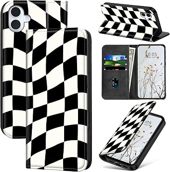 Wallet Case for iPhone 17 6.3" Women Men, Flip Cover with Kickstand Card Slots Magnetic Closure Shock-Absorbent Protection Phone Cases, Black White Check