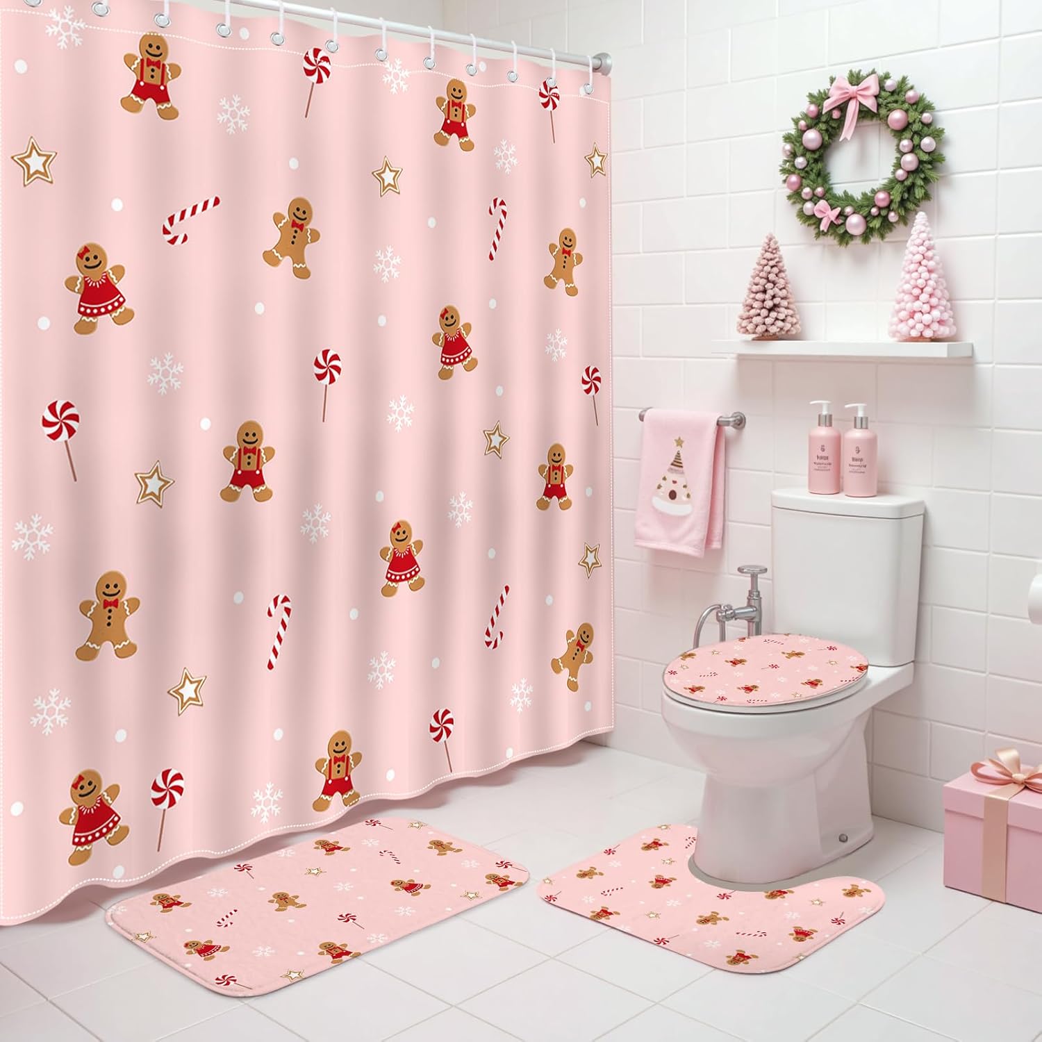 Mocsicka Pink Christmas Shower Curtain Set Xmas Candy Stars Cute Gingerbread-Man Snowflake Christmas Bathroom Decor Accessory Set with Non-Slip Washable Bath Rugs Toilet Lid Cover