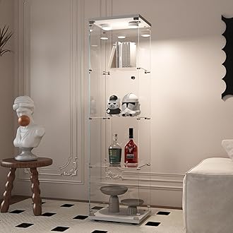 Beauty4UGlass Display Cabinet with LED Light, 4 Shelves, Curio Cabinets for Living Room, Bedroom, Office, White Floor Standing Glass Bookshelf, Quick Installation