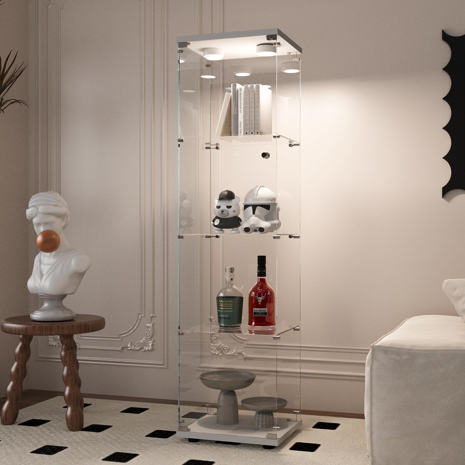 Beauty4U Glass Display Cabinet with LED Light, 4 Shelves, Curio Cabinets for Living Room, Bedroom, Office, White Floor Standing Glass Bookshelf, Quick Installation