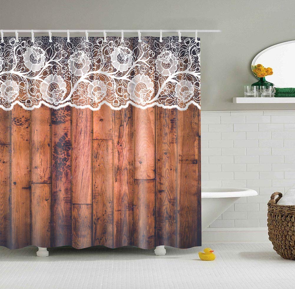 BOYOUTH Lace and Wooden Plank Pattern Digital Print Shower Curtains for Bathroom Decor,Polyester Waterproof Fabric Bath Curtain with 12 Hooks,70x70 Inches,Multicolor