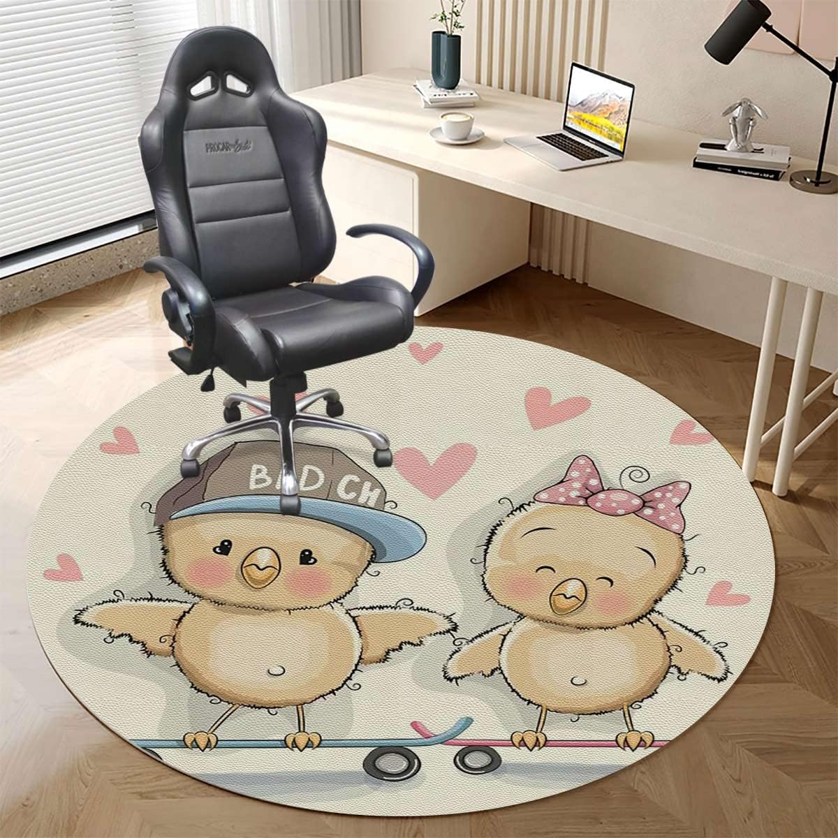 Multicolor PU Leather Office Chair Mat,Computer Gaming Desk Chair Mat, Cartoon in Love Bears Rose Gaming Computer Chair Mat for Home Office Gaming Room Animals Diameter 35.4 in