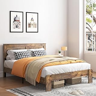 Vintage brown wooden king platform bed frame
