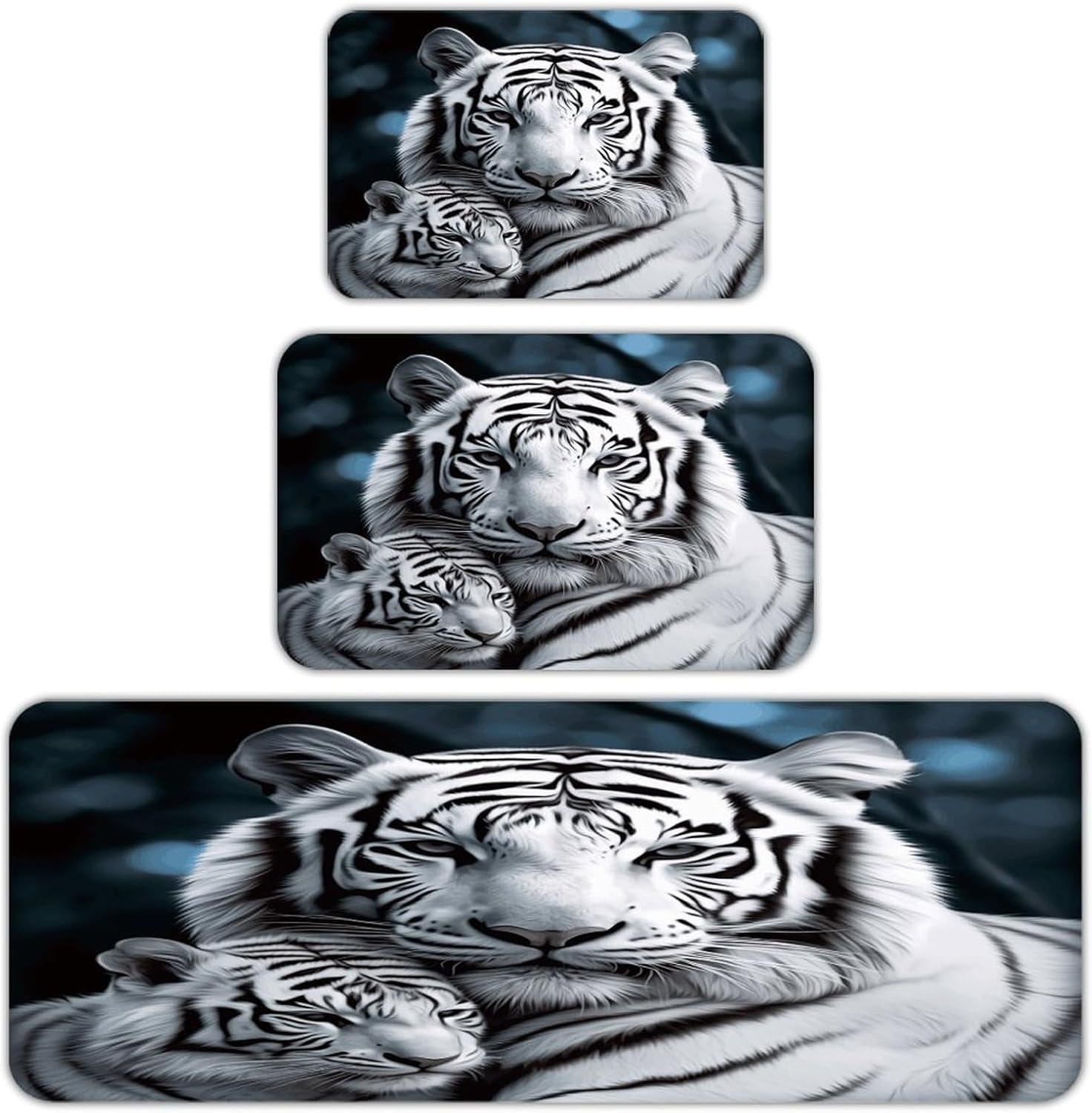 White Tiger Kitchen Rugs Sets of 3 Non Slip Kitchen Mats for Floor Farmhouse Kitchen Sink Mat Thick Comfort Standing Mat for Laundry Room Hallway Bathroom