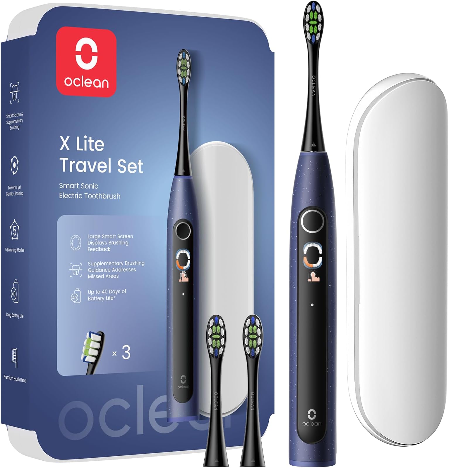 X Lite Smart Sonic Electric Toothbrush Set, Large Smart Screen, 8 Areas Tracking, 5 Modes, 2 Replacement Heads & Travel Case, IPX7 Waterproof, USB C Rechargeable(Blue)