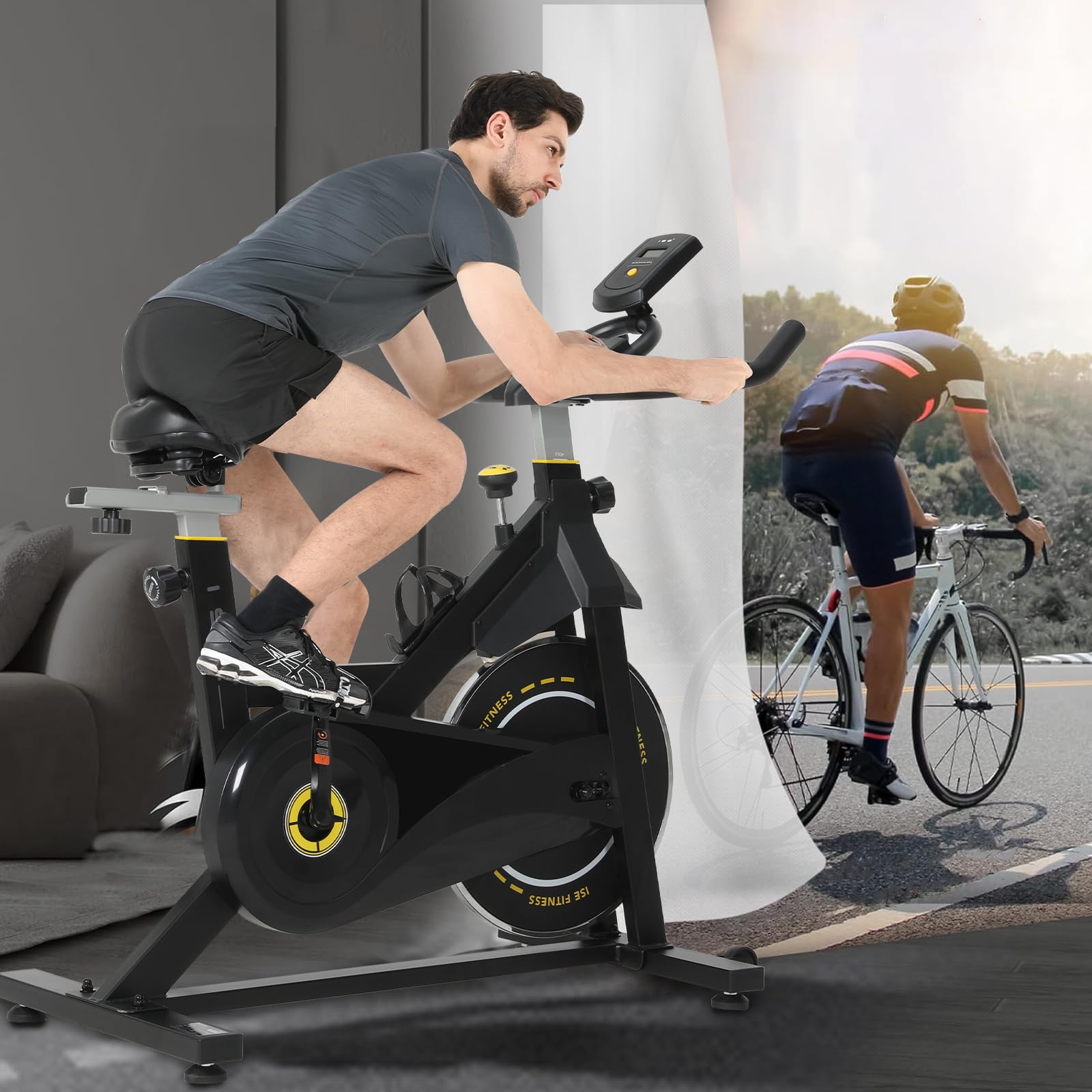 ISE Cyclette da Casa con Resistenza Regolabile, Cyclette per Casa Professionale con Schermo LCD Supporto per Smartphone Exercise Bike per Palestra a Casa