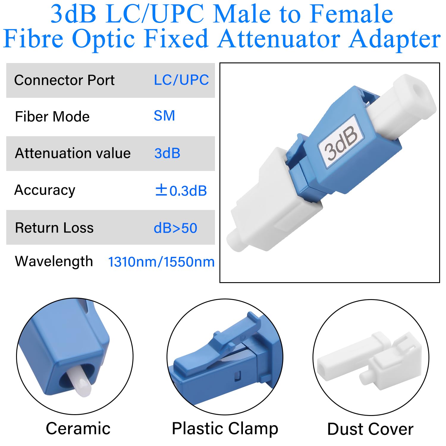 QIANRENON 5dB LC Singola modalità Fibra Ottica Attenuatore Fisso LC/UPC Maschio a Femmina Attenuatore Ottico Fisso Adattatore Lc-UPC Fixed Attenuator Valore di Attenuazione 5dB±0,5 per reti in fibra