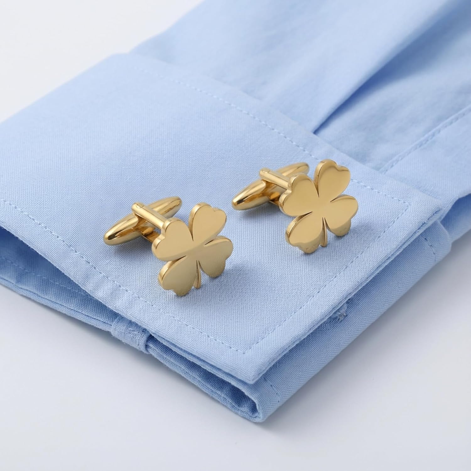Men’s Four-Leaf Clover Cufflinks – Stainless Steel Luck-Themed Cuff Links with Gift Box & Polishing Cloth – Available in Silver & Gold