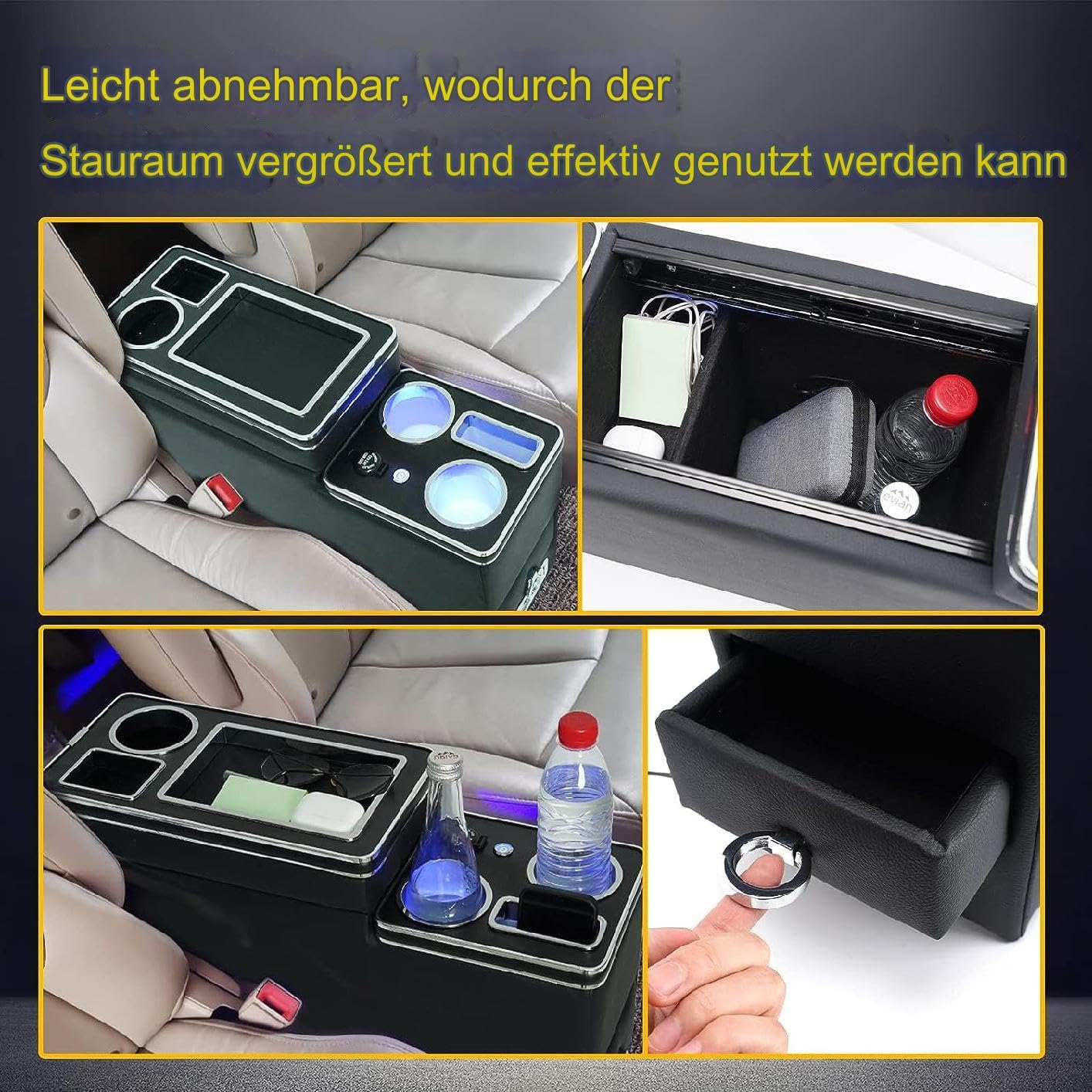Organiseur D'accoudoir De Console Centrale De Voiture : Avec Chargement Sans Fil, Charge Rapide, Porte-gobelet à Lumière LED Et Support De Téléphone, Consoles De Banquette Arrière Avec Accoudoir