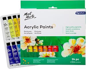 Mont Marte Acrylic Paint 24 Colours x 12ml Tubes, Semi-Gloss Finish, Suitable for a Variety of Painting Styles