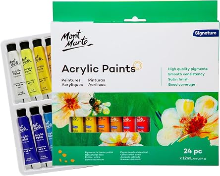 Mont Marte Acrylic Paint Set 24 Colours 12ml, Perfect for Canvas, Wood, Fabric, Leather, Cardboard, Paper, MDF and Crafts 24 Bright Colours 12 ML, 1 PACK