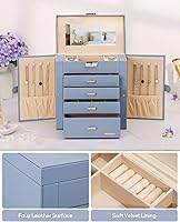 Vista 42 de Homde Regalos de Navidad de cuero sintético, enorme joyero, organizador de reloj con espejo, collar, anillo y aretes, estuche de regalo con Dorado