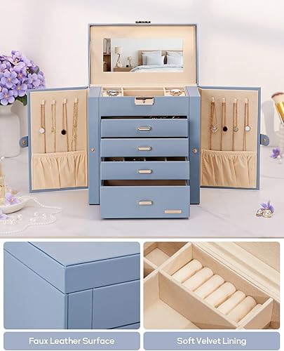 Miniatura 42 de Homde Regalos de Navidad de cuero sintético, enorme joyero, organizador de reloj con espejo, collar, anillo y aretes, estuche de regalo con Dorado