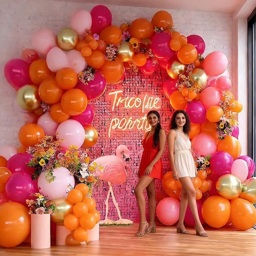 Pink Orange Balloon Garland, Double Stuffed Hot Pink Dark Magenta Balloon Arch Kit Metallic Gold Latex Balloons for Mother's Day Birthday Wedding Baby Shower Tropical Party Decorations