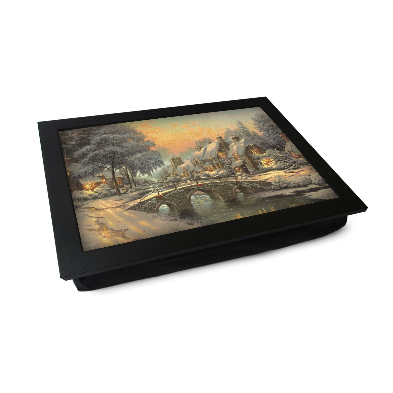Yoosh Black Extra Large Portable Lap Desk Tray (Christmas Painting) Wide Multi Purpose | Handmade Large Wooden Frame, Big Beanbag Cushion Bottom | Computers, Laptops, Meals, Food | 49.8Cm | Xl22