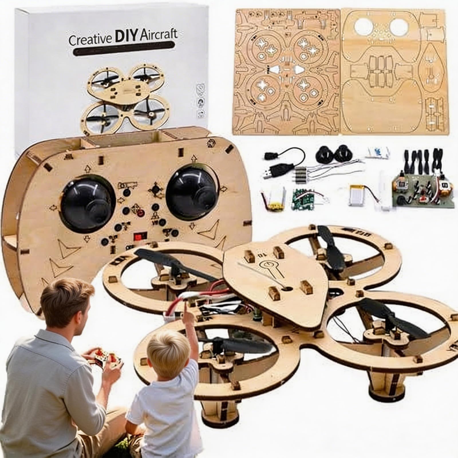 Upgraded DIY Wooden Drone Model Kit Educational Remote Control, RC Quadcopter Building Set with 4-Axis Flight Assembly Toy for Kids Adults Beginners (2*Pcs)