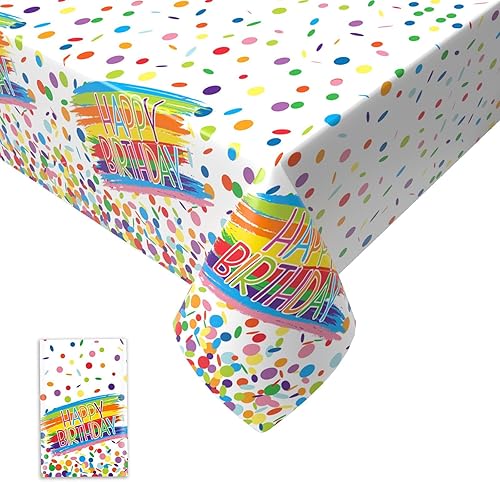 Colorido mantel de feliz cumpleaños, mantel de confeti con puntos de chispas de confeti, mantel de plástico desechable para niños y adultos, 54 x