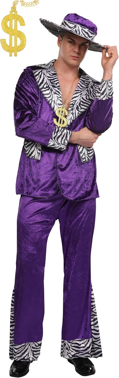 Maxim Party Supplies Adult Player Mack Daddy Hustler Costume Velvet Suit Includes Hat, Suit Jacket, Pants, Gold Chain