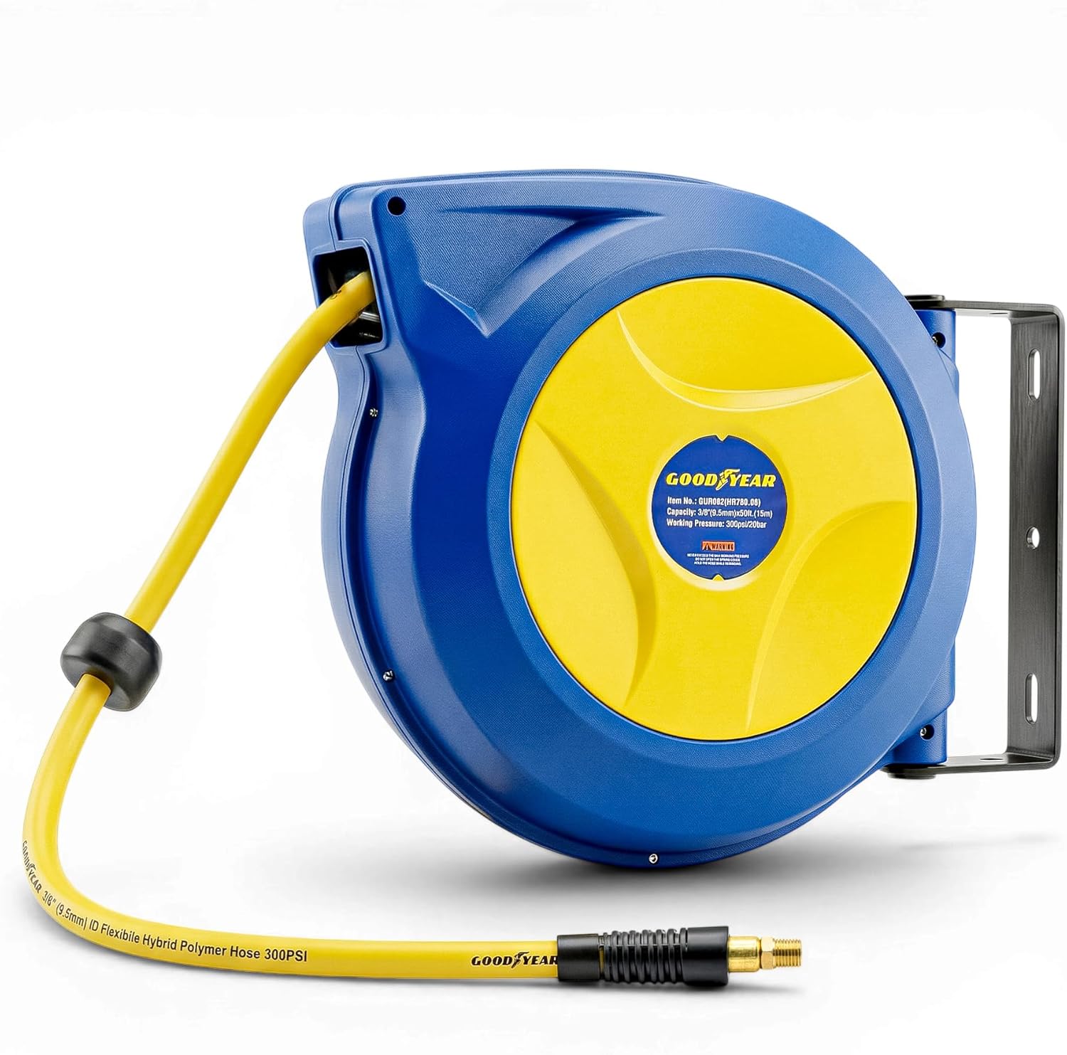 Goodyear Retractable Air Hose Reel, 3/8" x 50 FT, 300 PSI Hybrid Polymer Hose, Spring-Driven Automatic Rewind, Leak-Proof Swivel, Wall & Ceiling Mountable