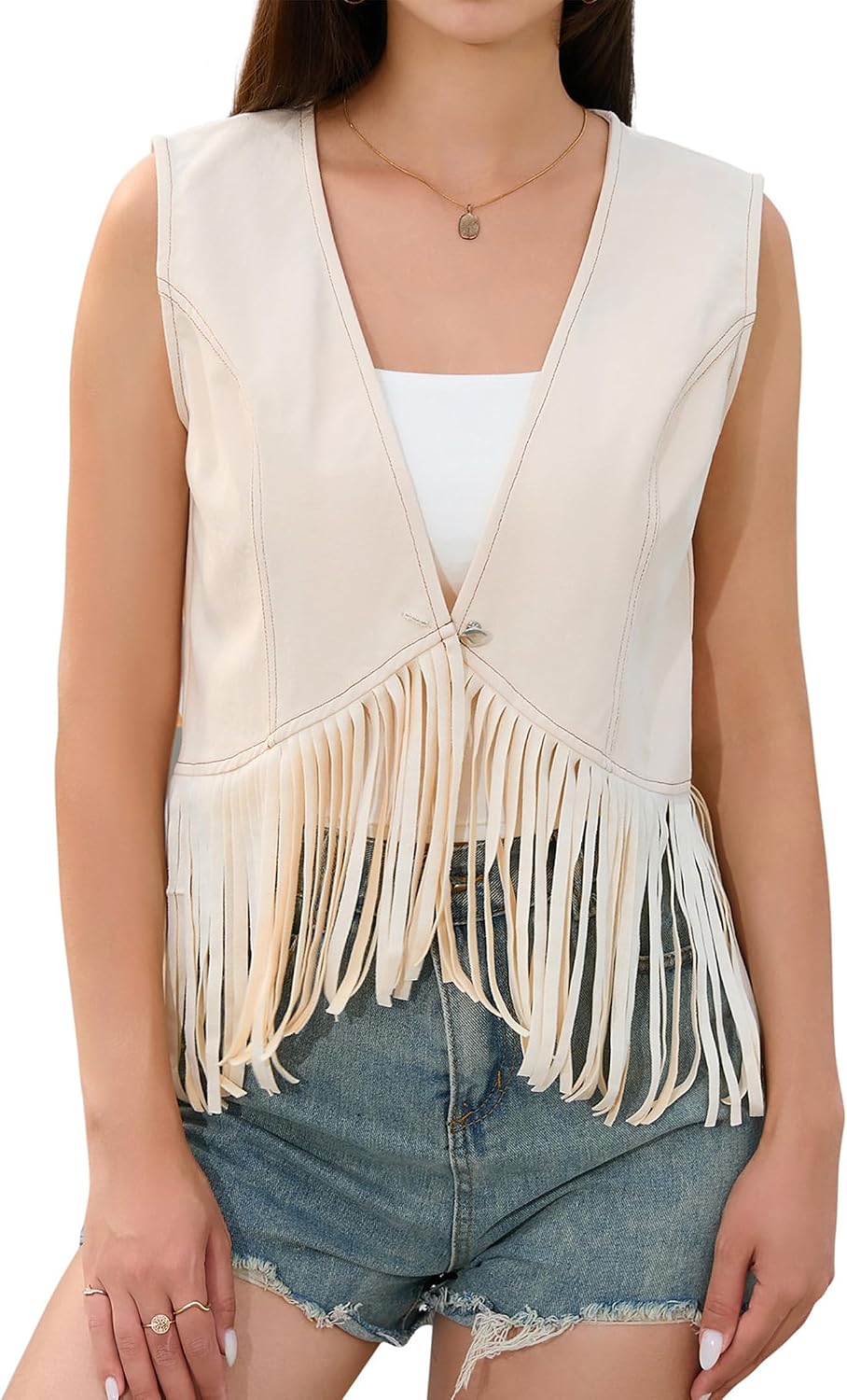 KOJOOIN Fringe Demin Western Vest For Women Sleeveless Tassel Cowboy 70s Hippie Singal Button Crop Outwear Vests