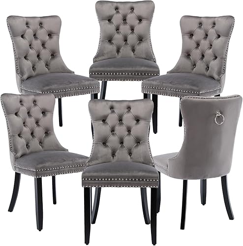 Miniatura 22 de Juego de 4 sillas de cocina modernas de terciopelo gris con anillo trasero, con patas de clavo, patas de madera maciza, tapizadas, sillas de mesa