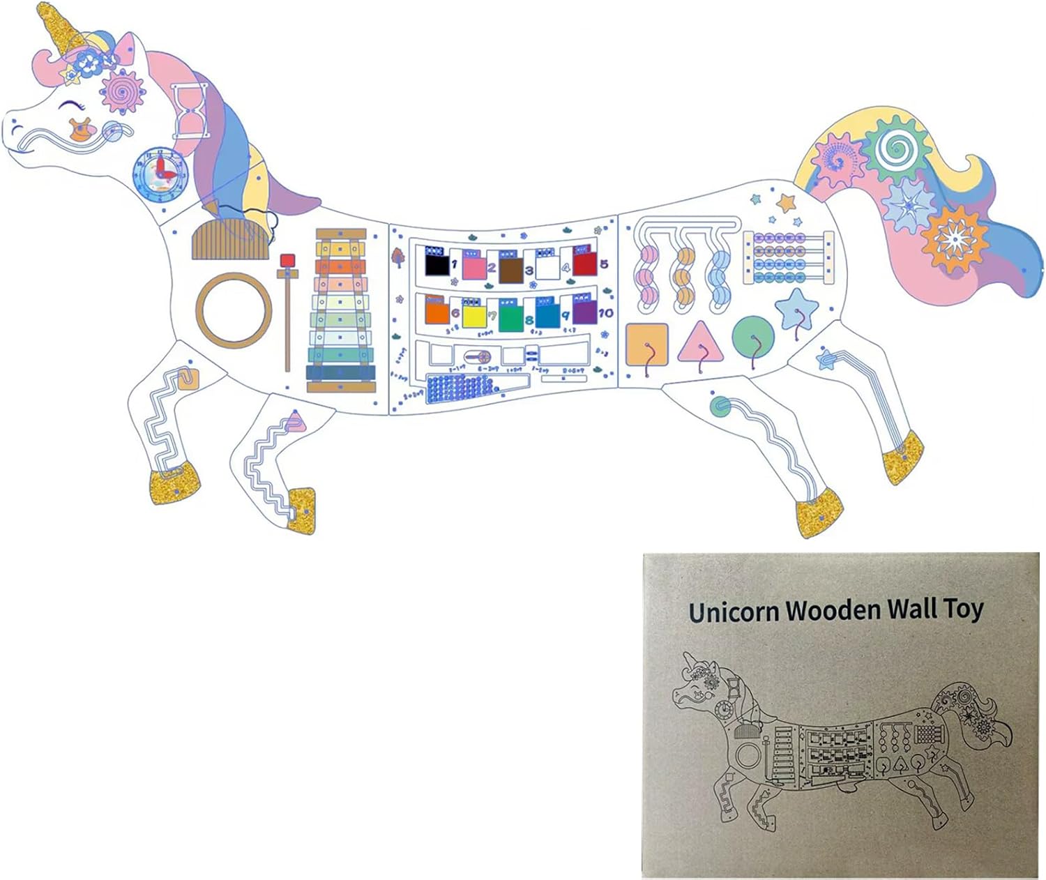 5FT Large Unicorn Activity Wall Busy Board Panels Wooden Learning Activity Center Montessori Sensory Wall Panel for Kids Interactive Educational Toy for Playroom Daycare Nursery Classroom Decor Gift