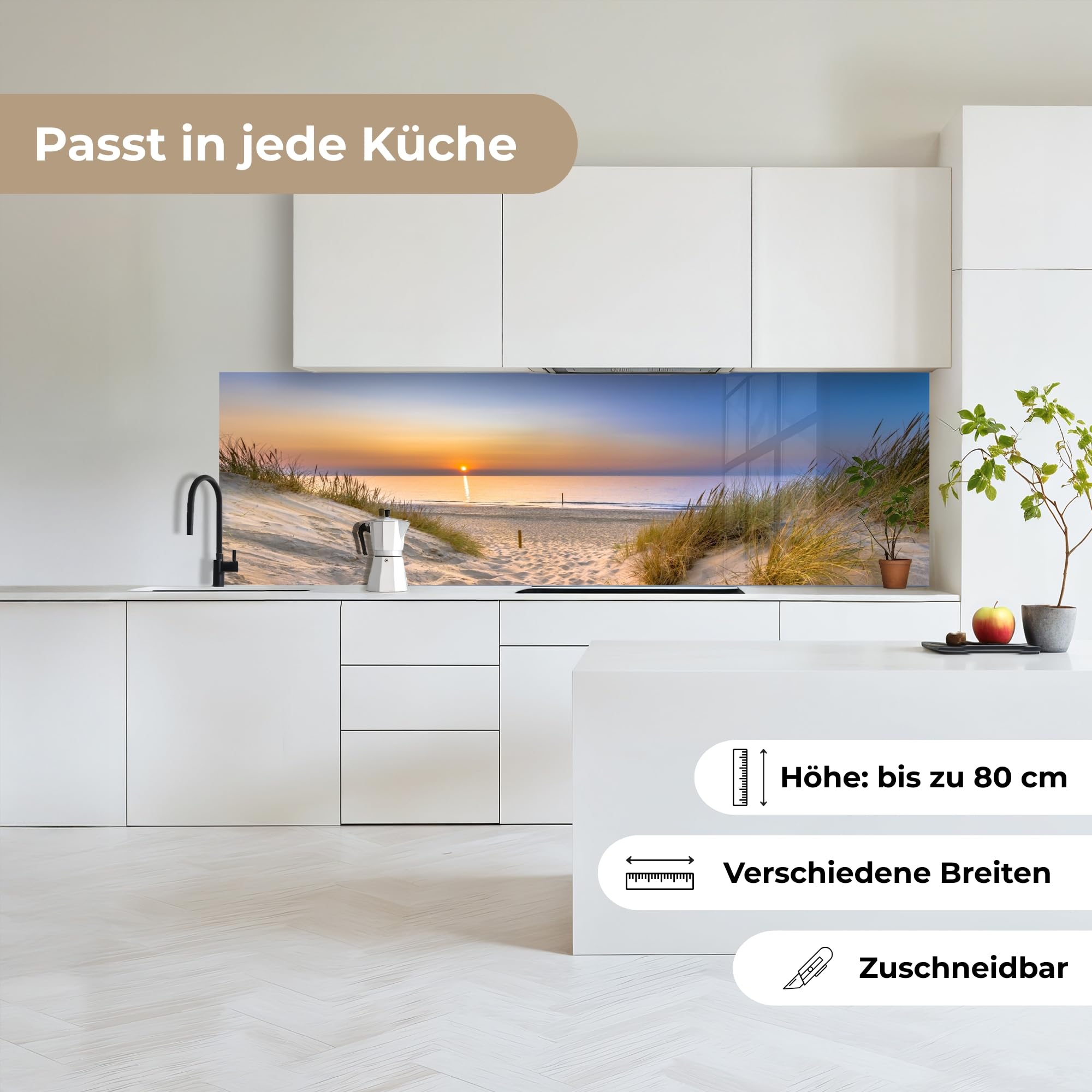 KitchenYeah© Küchenrückwand 60x200 cm Selbstklebende Kitchen Wall Protector Küchen Rückenwand Küchenfronten Küchenrückwände Küche Wand Düne - Sonnenuntergang - Horizont - Strand - Gras