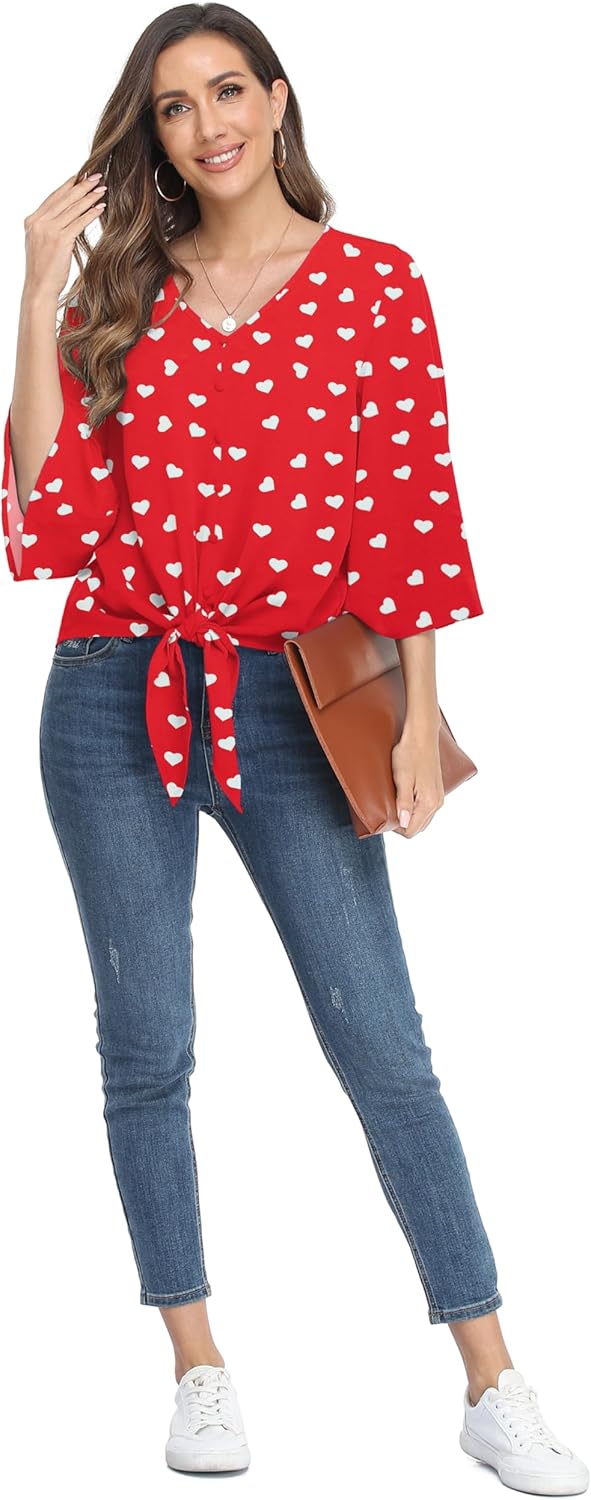 VIISHOW Women's Button V Neck Chiffon Tops 3/4 Bell Sleeve Tie Knot Casual Blouses Loose Summer Shirts - Image 3