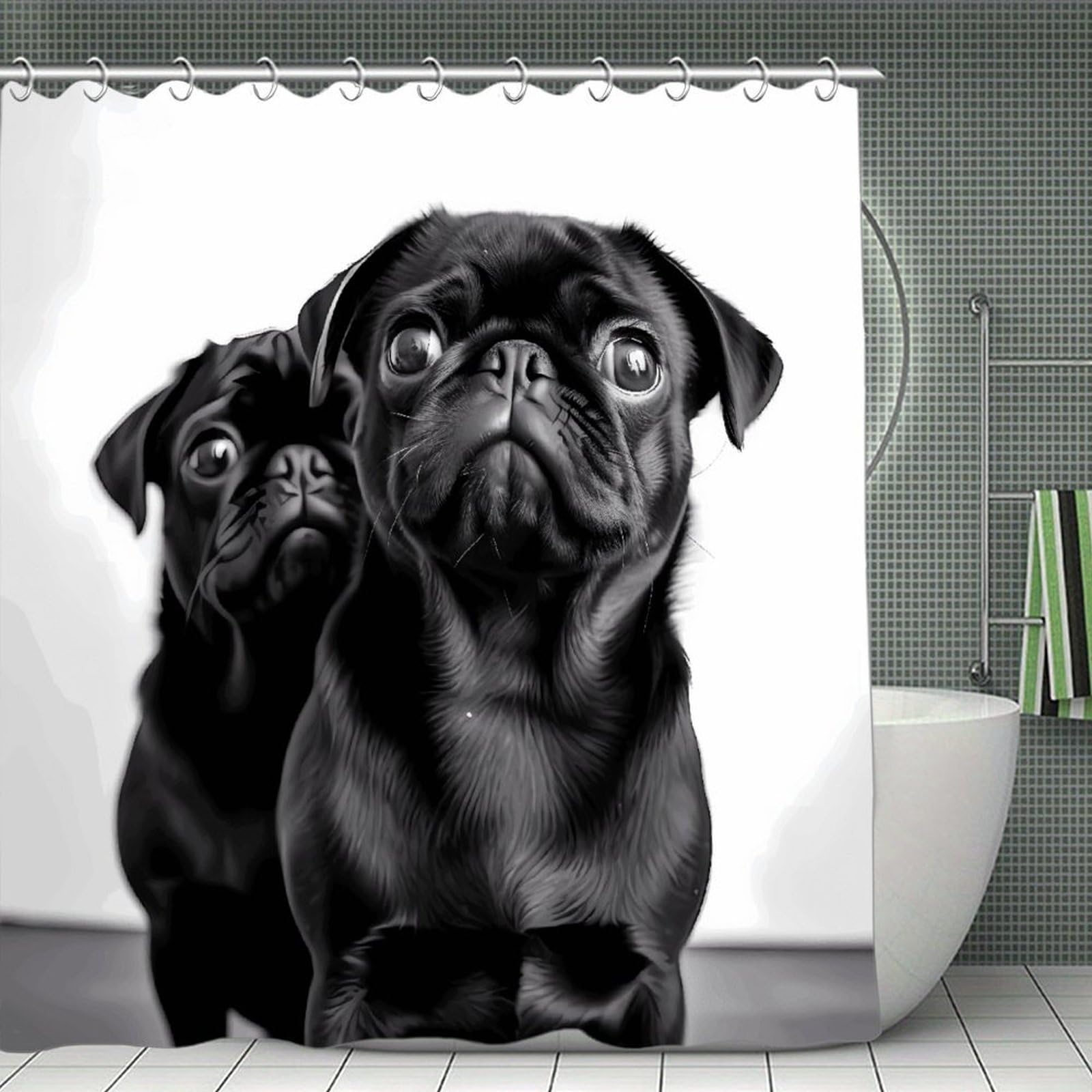 VstaDank Cute Black Pug Dog Shower Curtain Waterproof Bathroom Curtain with Hooks Luxury Weighted Bath Curtains for Bathtubs Showers Room Dividers Decorative Shower Curtains 71x71 in