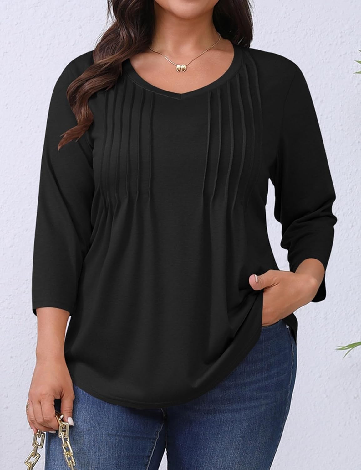 Romanstii Plus Size Tops for Women Womens 2026 Spring 3/4 Sleeve Blouses Dressy Casual V-Neck T-Shirts Pleated Tunic XL-5XL - Image 2
